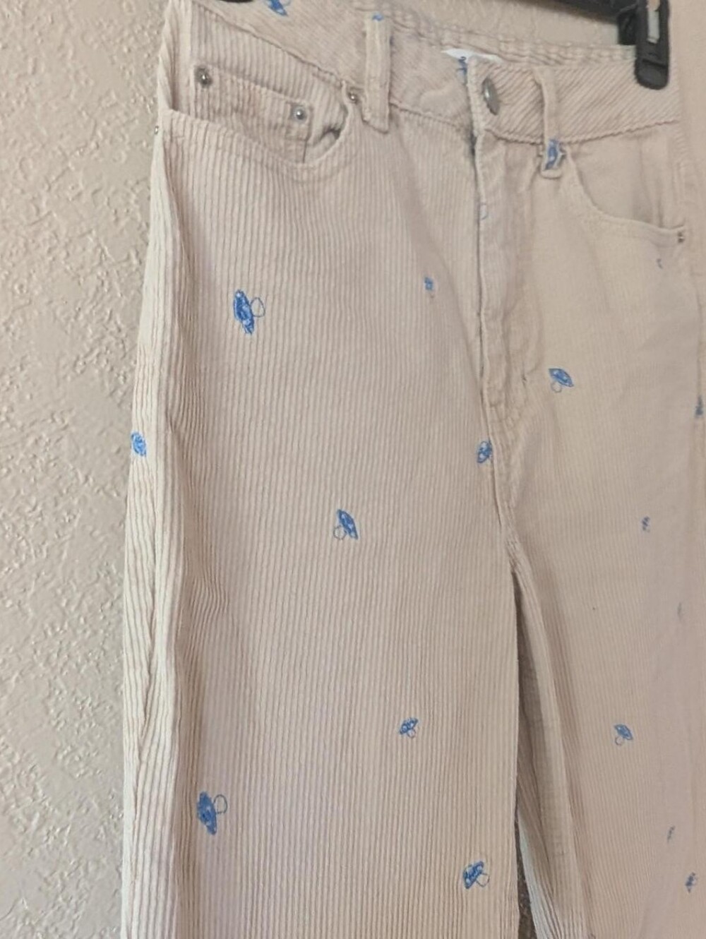 Pacsun Beige Boyfriend Corduroy Pants with Blue Embroidered Mushroom Design